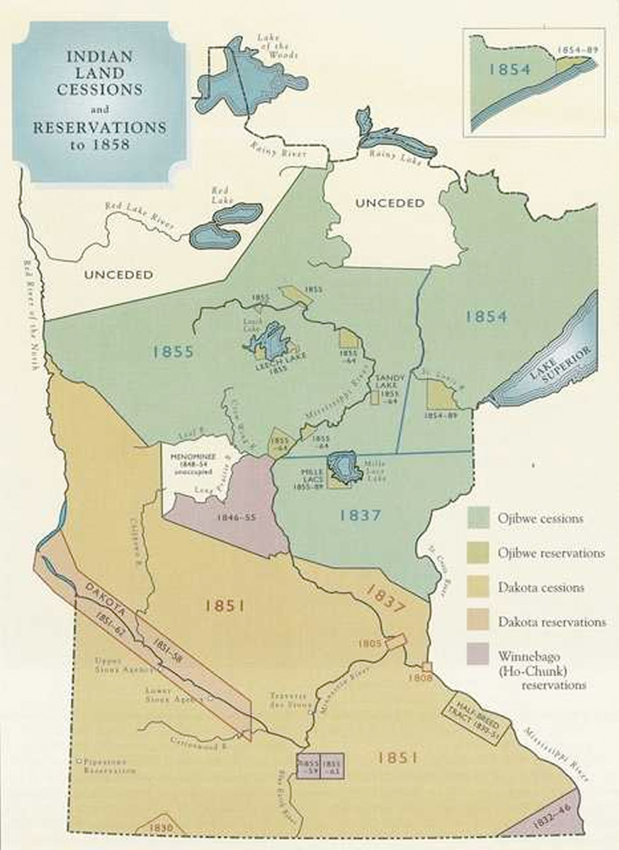 Map of Native American Land Cessions and Reservations to 1858. In "Territorial Imperative: How Minnesota Became the 32nd State," by Rhoda Gilman (Making Minnesota Territory 1849-1858; Minnesota Historical Society Press, 1999).